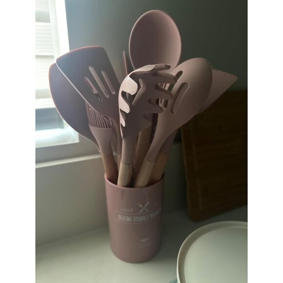 33 pcs Non-Stick Silicone Cooking Kitchen Utensils Spatula Pink Set with Holder - Picture 2 of 9